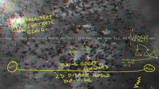 The markup language was also used in shots that were shot native, and rendered/composited in stereo. Certain sculpting notations were not useful, but guiding general placement in-depth and pointing out anomalies used the same visual language. 